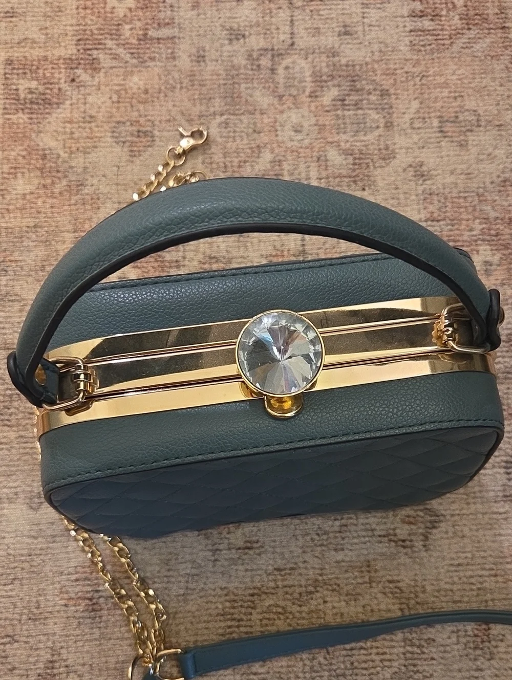 Quilted Teal Top-Handle Crossbody Bag with Crystal Clasp